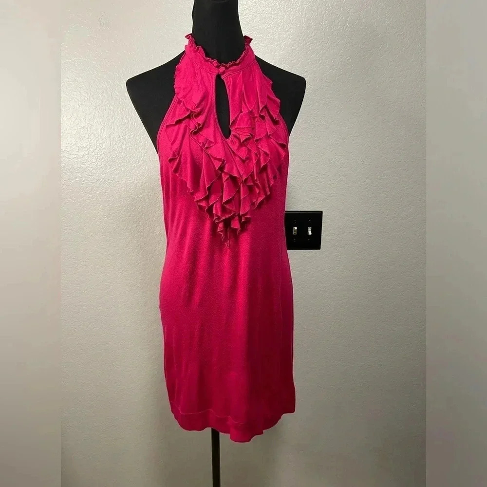 VTG Y2K Forever 21 High Collar Ruffle Peek A Boo Halter Dress Hot Pink Large